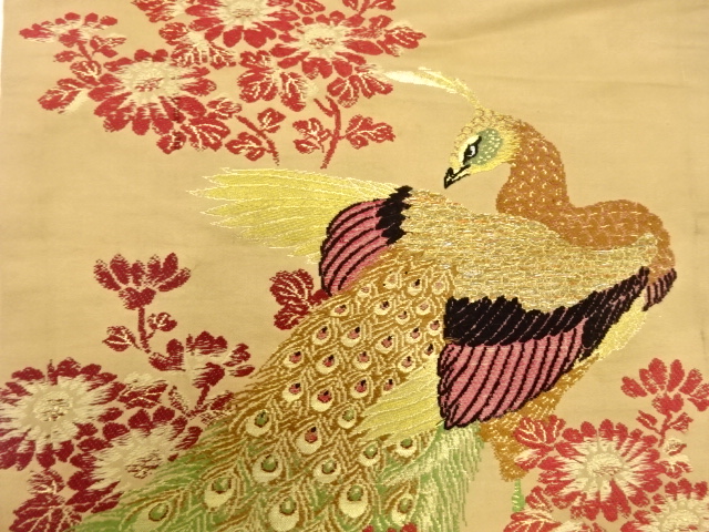 アンティーク　孔雀に菊模様織り出し名古屋帯